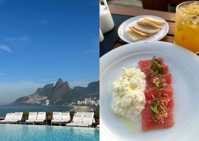 Piscina do hotel Fasano Rio de Janeiro fica no rooftop com vista deslumbrante. Na foto, o atum com burrata servido no bar da piscina / Tina Bini