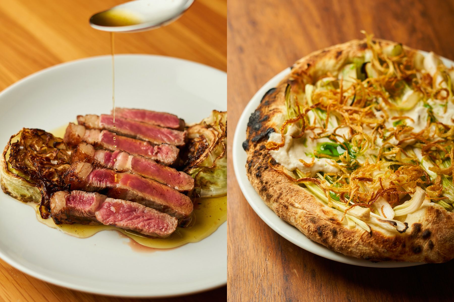 Bife de chorizo no carvão, repolho e manteiga de kombu e pizzeta de alho poró / Laís Asca
