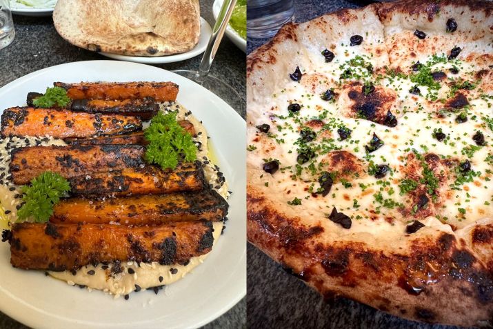 Hommus de feijão com cenouras tostadas e pizza de alho negro com fonduta de queijo / Tina Bini