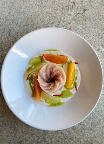 Crudo de peixe, cítricos, leite de castanhas e azedinha do Cora / Dany S.