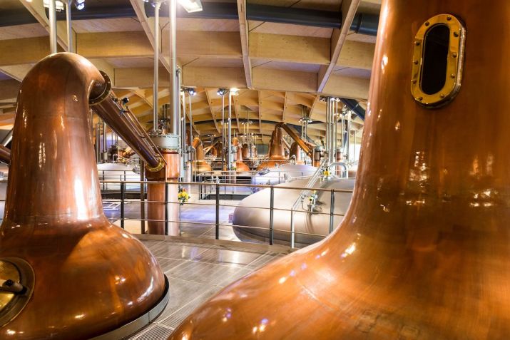Alambiques de cobre da The Macallan, destilaria escocesa da região de Speyside •