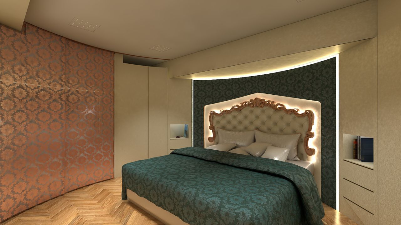 O quarto principal possui uma cama king-size feita por uma empresa que fornece colchões para a família real britânica / Marchi Mobile Vienna
