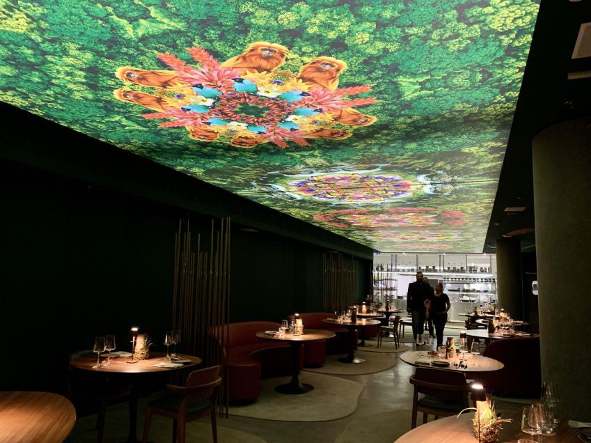 Painel no teto do Restaurante Notiê para a temporada "Matas e Mares" / Saulo Tafarelo