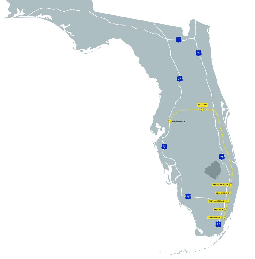 Mapa da linha de trem de alta velocidade da Brightline que conecta o centro ao sul da Flórida / Divulgação/Brightline