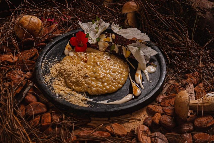 Risoto de Porcini catarinense, entranha, fonduta de queijo serrano, demi glace e placa de milho branco por Willian Vieira, d’O Guará Cozinha / Magcom Publicidade / Divulgação