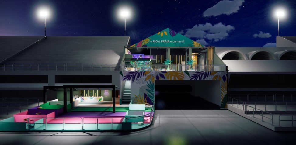 Projeção do Camarote Rio Praia para 2024, que terá capacidade para 1.200 pessoas por noite de festa / Divulgação