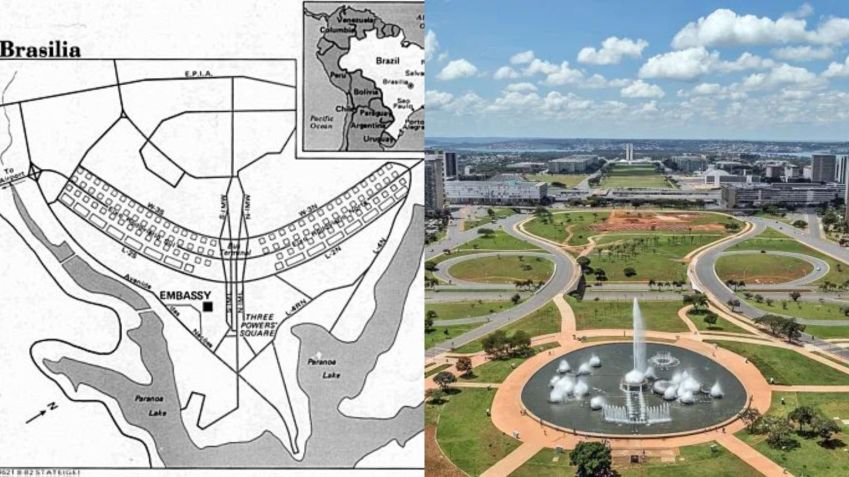 Mapa do Plano Piloto/Wikimedia Commons/Vista do Eixo Monumental de Brasília a partir da Torre de TV/Wikimedia Commons