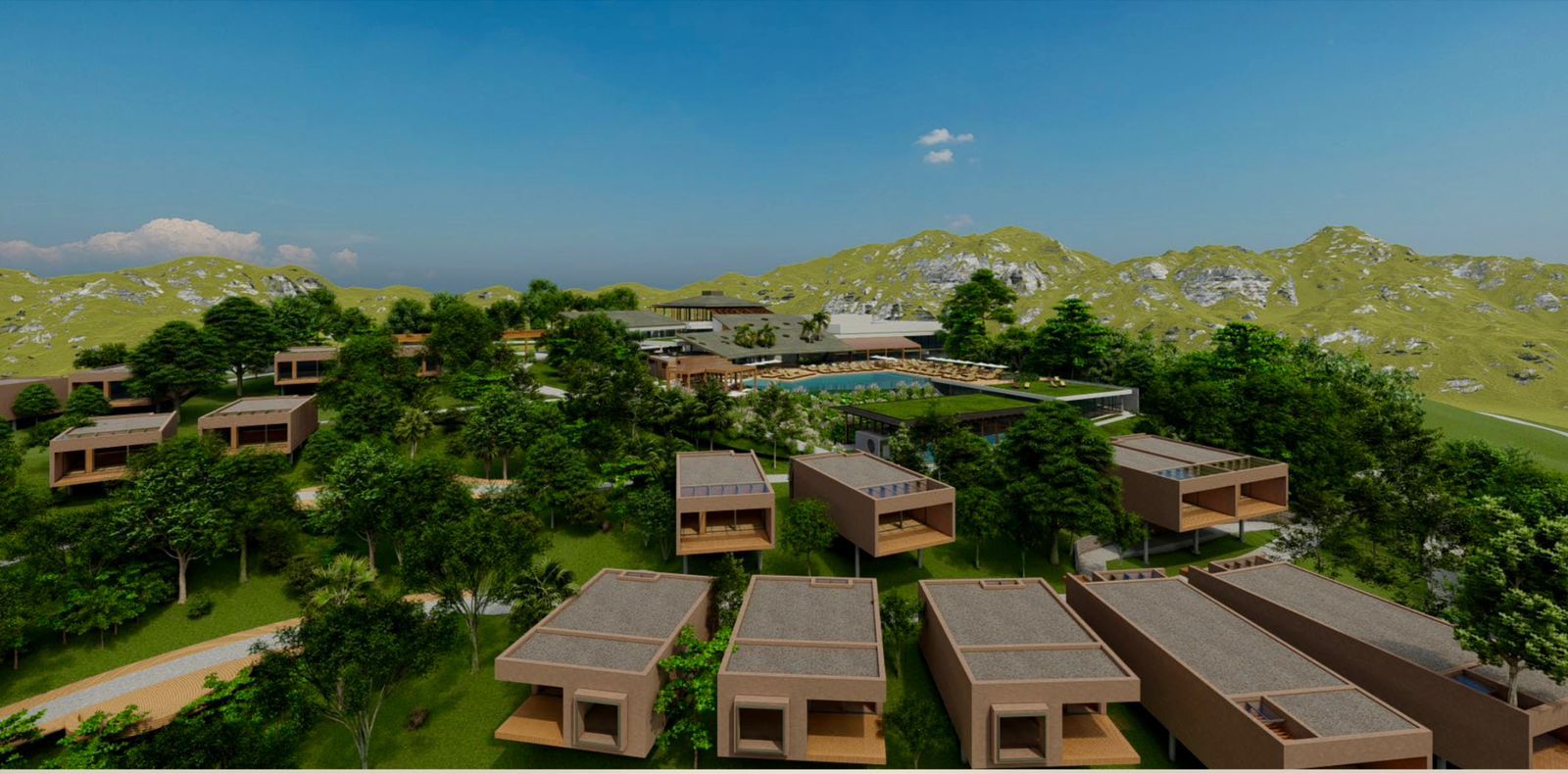 Imagem de projeto computadorizado do novo hotel de luxo do Clara Resorts em Inhotim