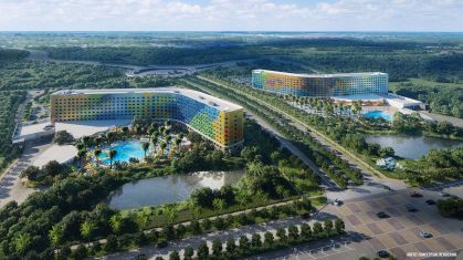 Imagem aérea conceitual dos novos resorts no Universal Orlando Resort