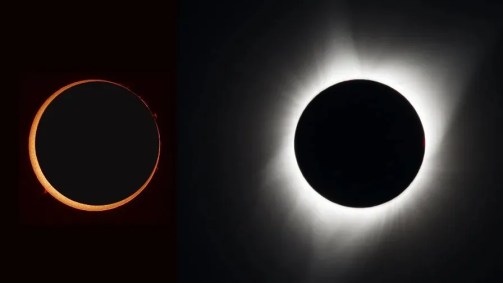 Fotos de um eclipse anular (à esquerda) e um eclipse solar total (à direita).