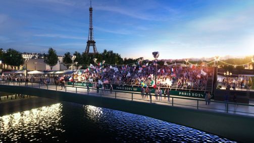 Uma renderização mostra assentos premium na cerimônia de abertura das Olimpíadas.
