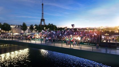 Uma renderização mostra assentos premium na cerimônia de abertura das Olimpíadas.