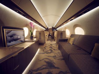 Interior do avião Gulfstream G700 na decoração da Qatar Executive