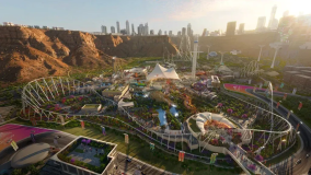 Projeção do Six Flags Qiddiya com destaque para montanha-russa