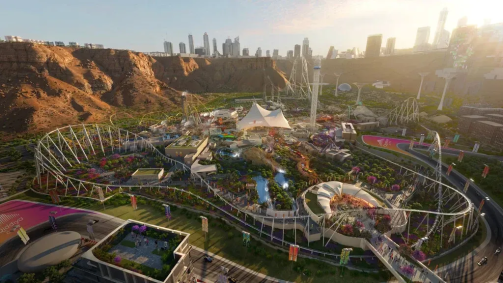 Projeção do Six Flags Qiddiya com destaque para montanha-russa