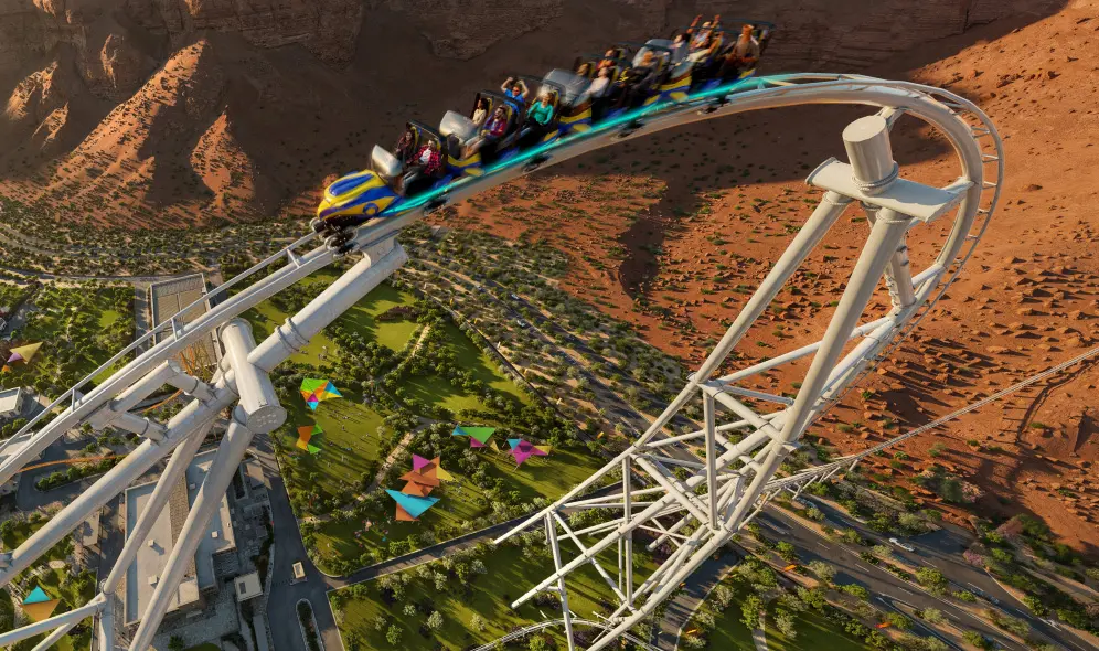 Projeção da montanha-russa Falcon's Flight no Six Flags Qiddiya, na Arábia Saudita