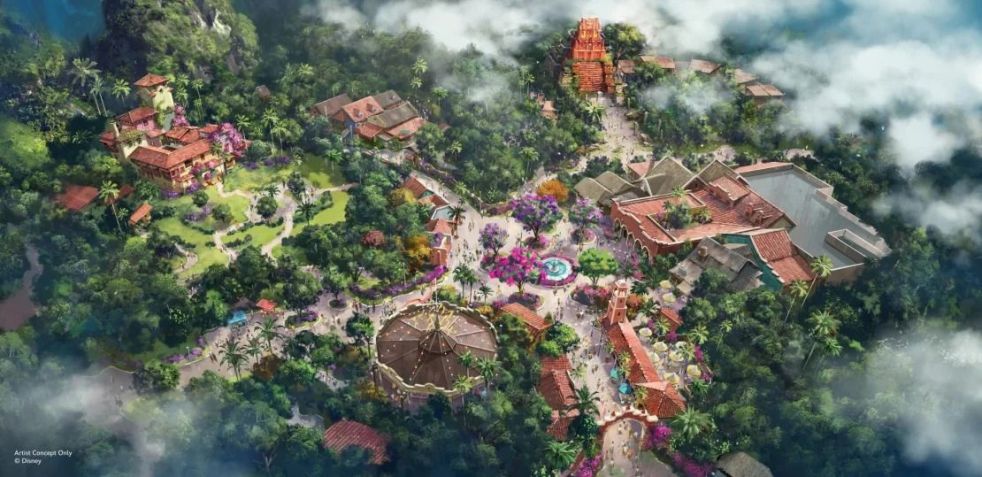 Conceito artístico de Pueblo Esperanza no Disney’s Animal Kingdom; novo espaço contará com atrações de "Encanto" e "Indiana Jones" • Divulgação/Disney