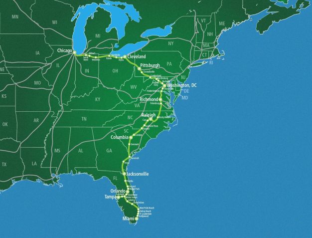 Mapa do "Floridian", que liga Chicago a Miami e passa por nove estados americanos • Divulgação
