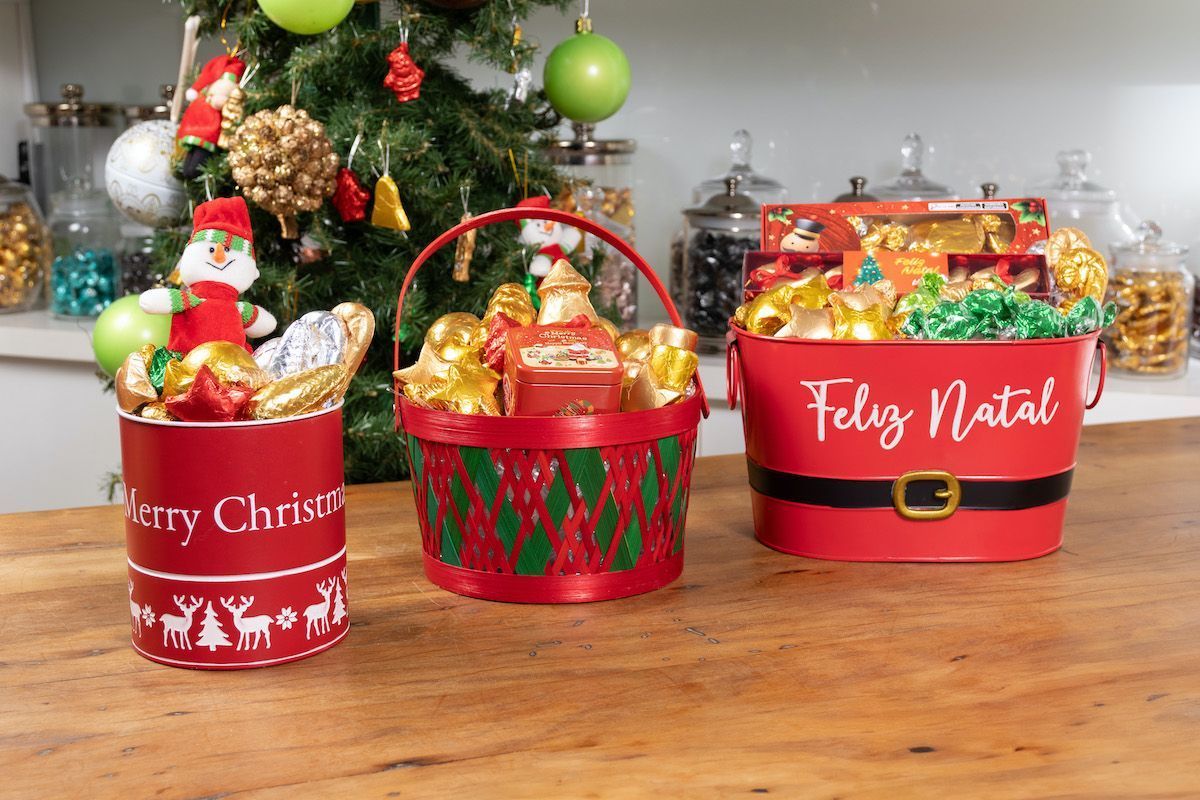 Balde Merry Christmas P, Cesta Bambu M, Cachepot G Feliz Natal • Raul da Mota