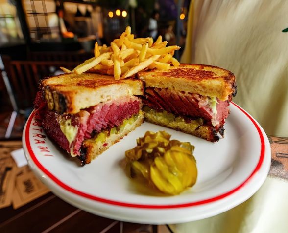 Sanduíche de pastrami do Fôrno, com pão de campagna, pastrami caseiro, maionese de dill e picles de pepino • Divulgação