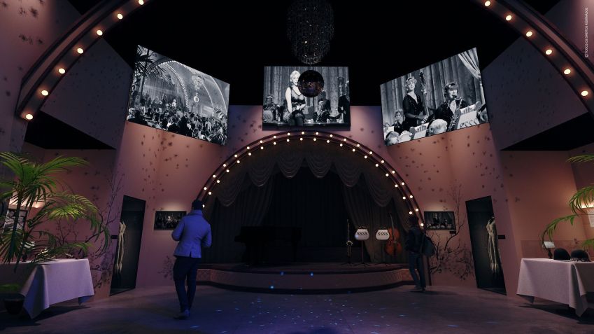 Simulação de sala onde ocorre um show tecnológico de Marilyn Monroe, na exposição "O Cinema de Billy Wilder", no MIS • Divulgação