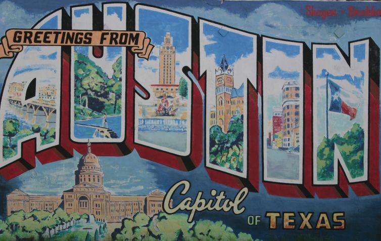 Famoso mural no estilo cartão-postal "Greetings from Austin" está localizado em South Congress • Divulgação/Visit Austin