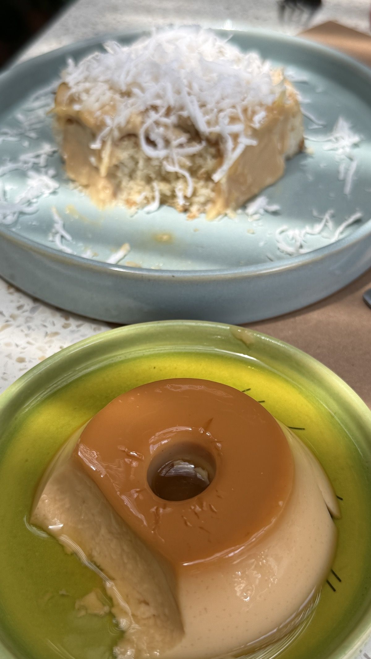 Pudim de leite sem furinho e bolo de coco com leite condensado • Tina Bini