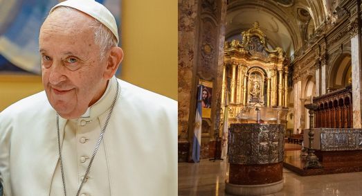 Papa Francisco à esquerda e Catedral Metropolitana de Buenos Aires à direita