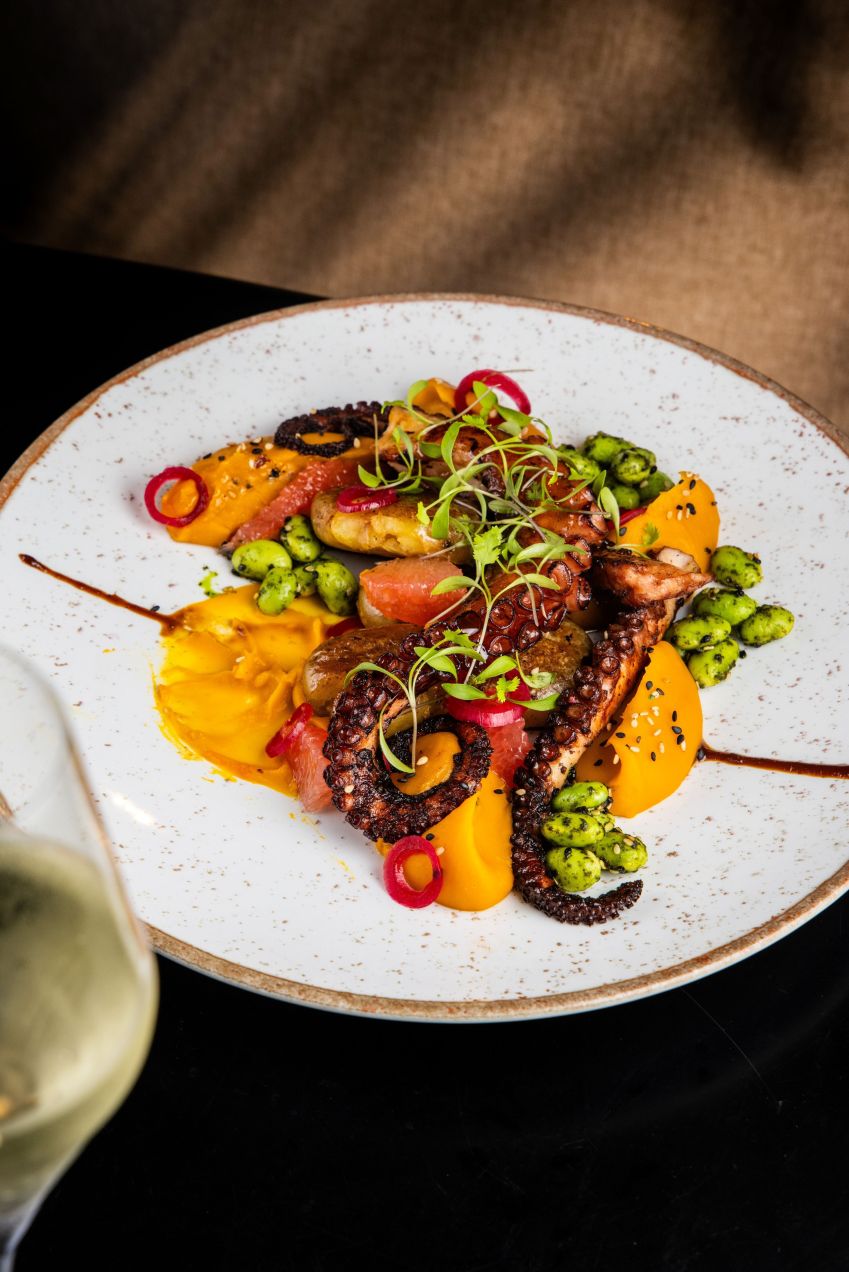 Na unidade do Leblon, a chef Andrea Tinoco oferecerá no menu um polvo grelhado com purê de abóbora com missô, batatas coradas, salada de edamame e molho roti • Tomas Rangel