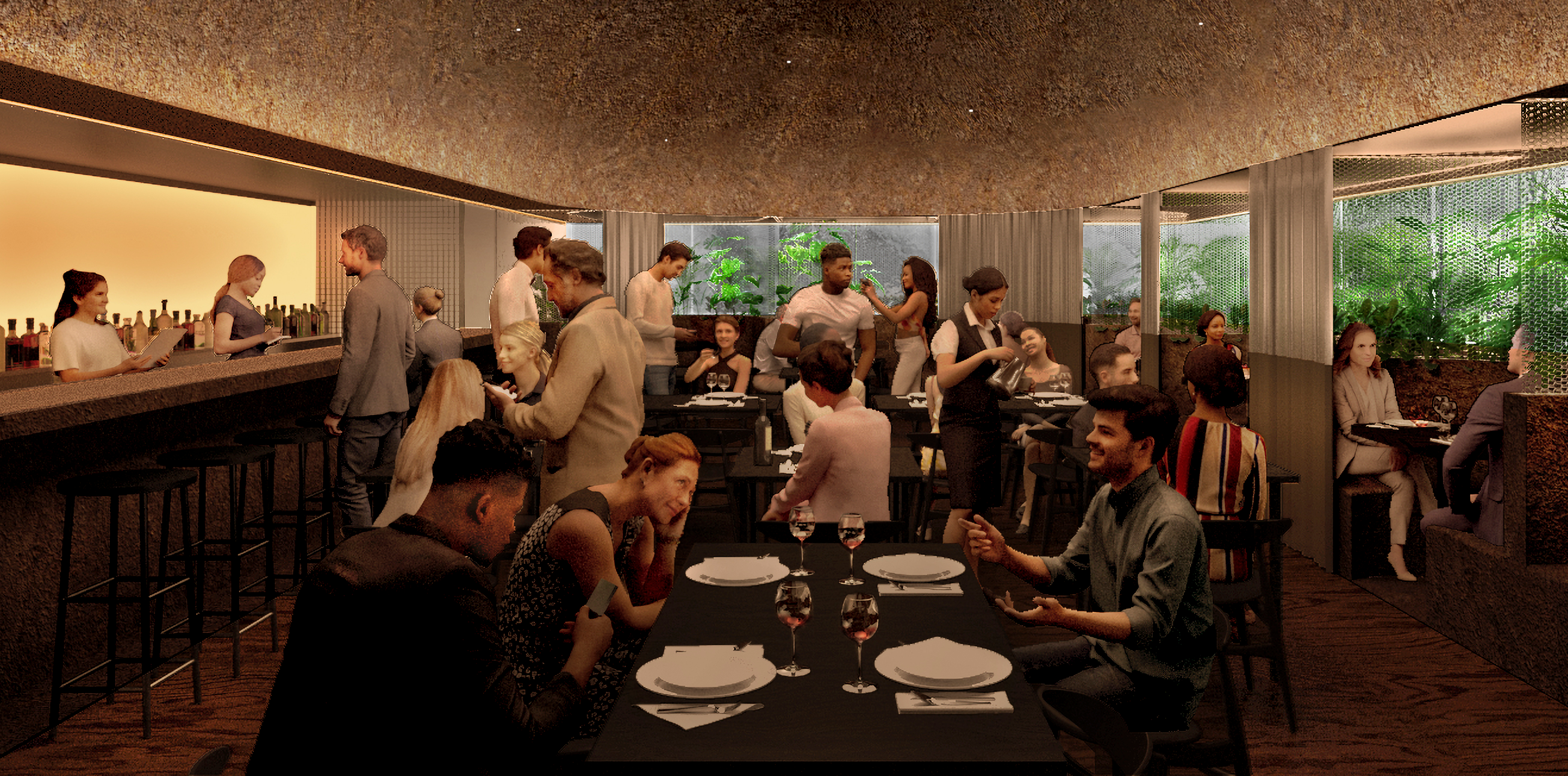 Imagem renderizada do projeto do inédito restaurante do New Museum • Cortesia de OMA