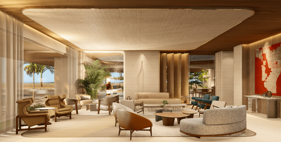 Projeto do lobby do Sofitel Rio de Janeiro Ipanema, com mobiliário e decoração brasileiros • Divulgação