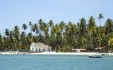Capelinha, coqueiros e mar calmo fazem parte do cenário da Praia dos Carneiros (PE)