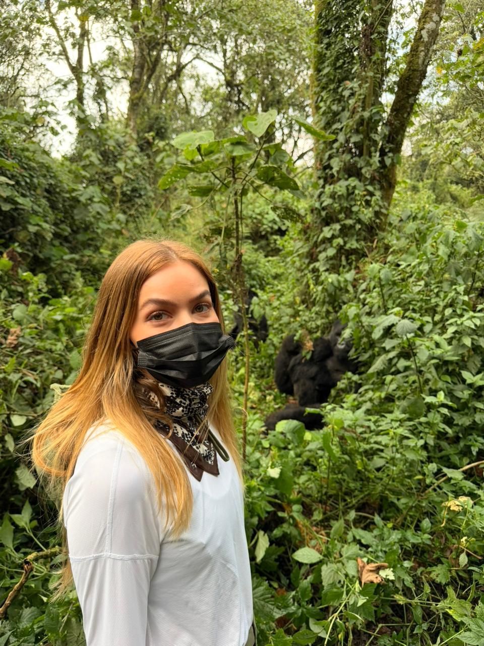 Ma Tranchesi participou de trekking com gorilas no Parque Nacional dos Vulcões, atividade que ajuda na preservação da espécie • Acervo pessoal/Marcella Tranchesi