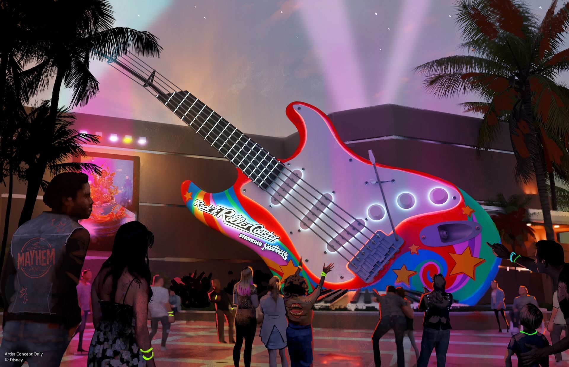 Projeção de como será o pátio renovado da Rock 'n' Roller Coaster com temática dos Muppets • Divulgação/Disney Parks Blog