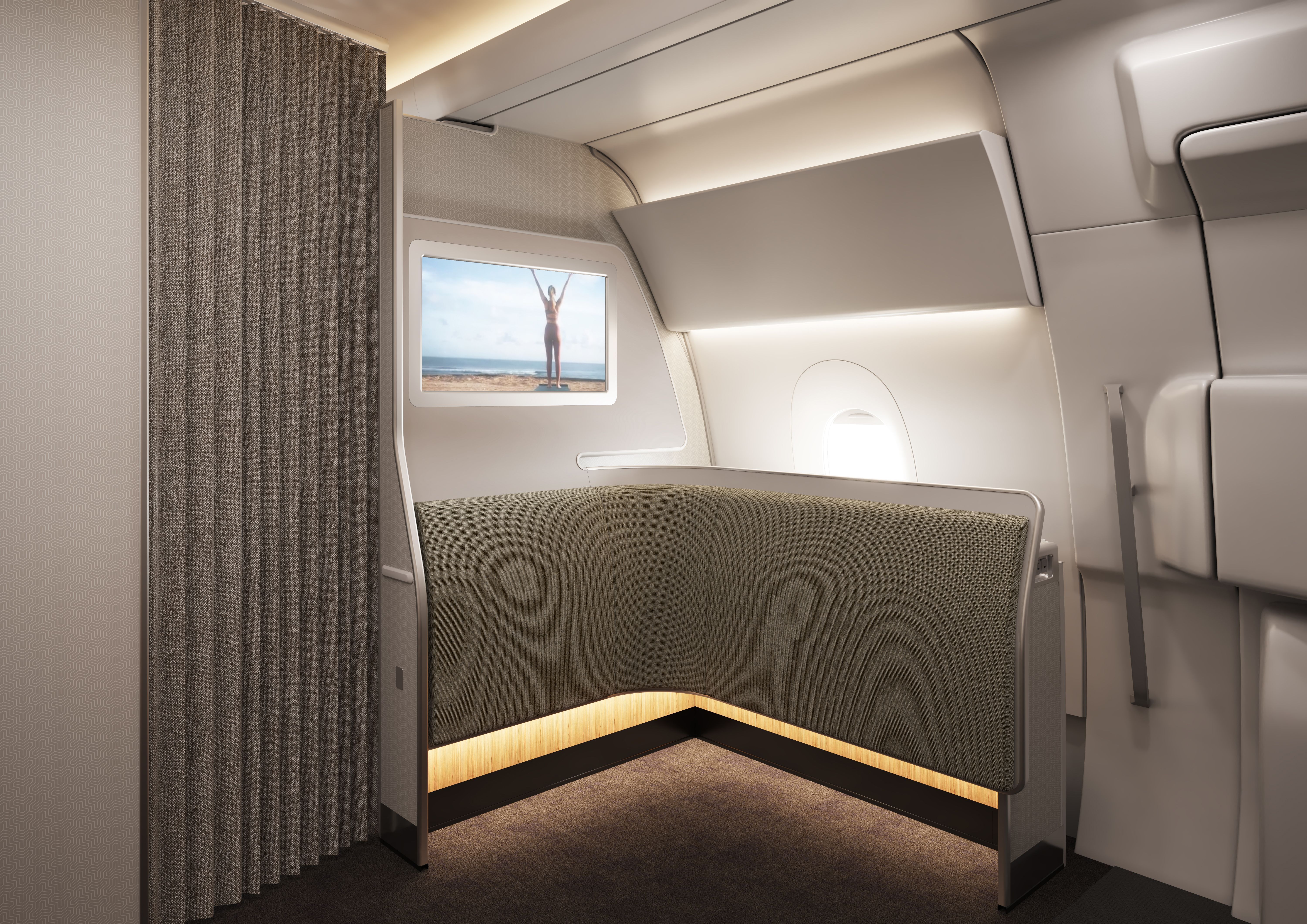 Zona de bem-estar será destinada a todos os passageiros, equipada com telas para movimentos guiados e estação de snacks • Divulgação/Qantas