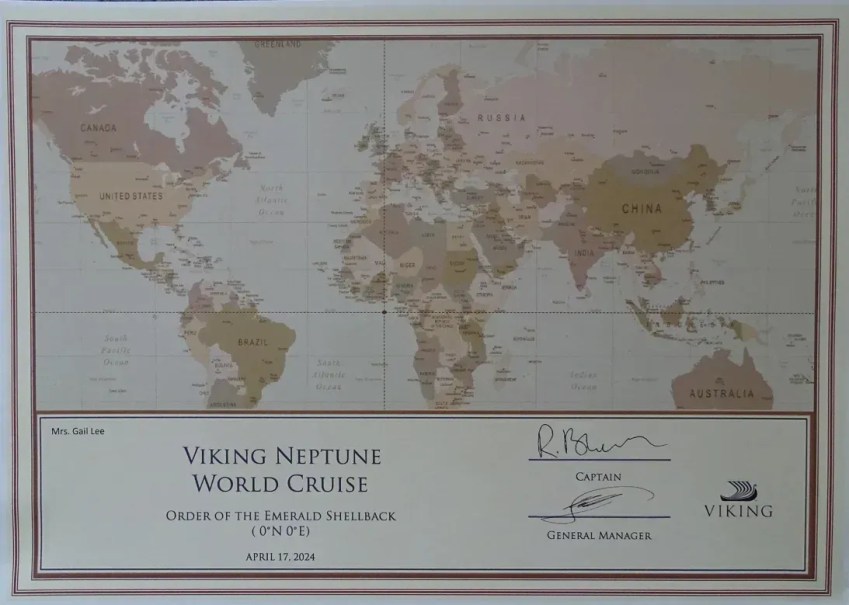 Os passageiros dos cruzeiros recebem um certificado para comemorar sua visita à Null Island • Cortesia de Russell e Gail Lee