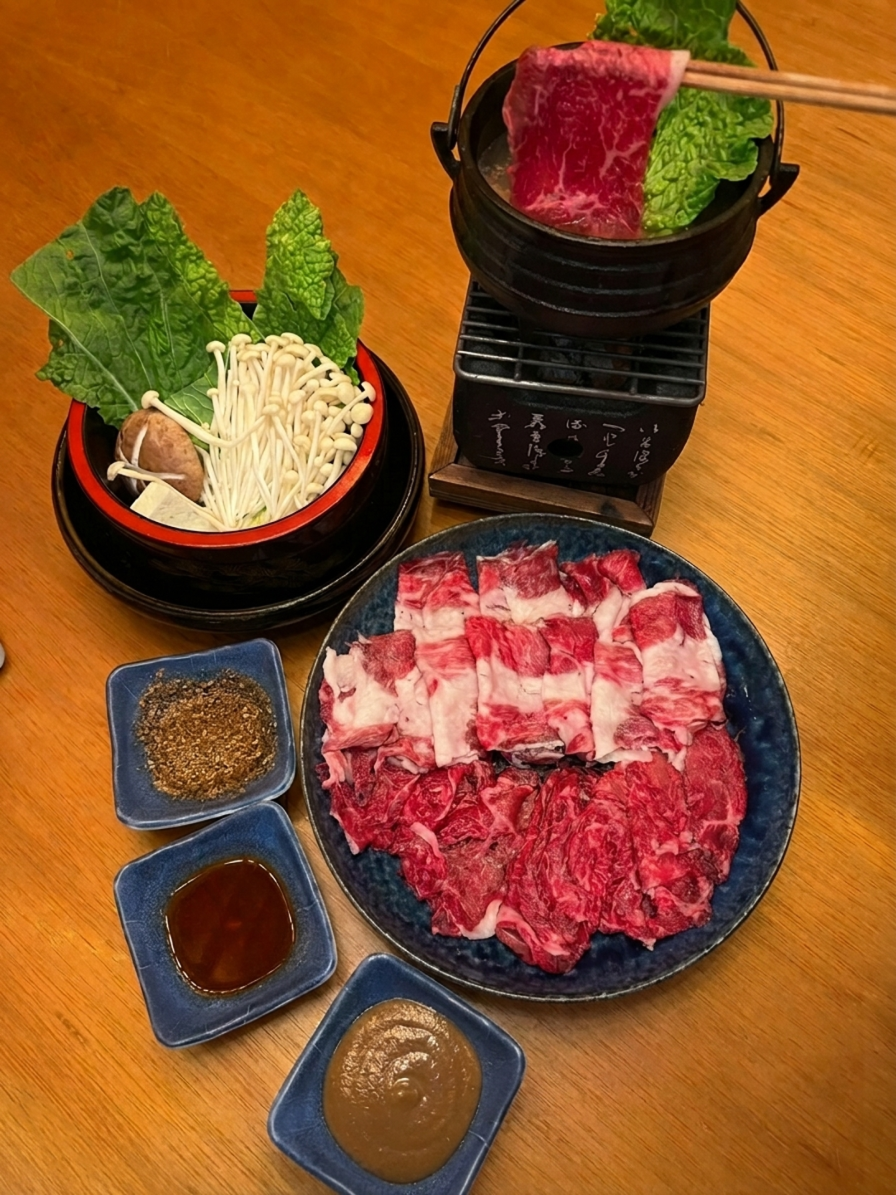 No shabu-shabu, carnes, legumes e tofu são mergulhados num caldo quente de frango e peixe • Divulgação