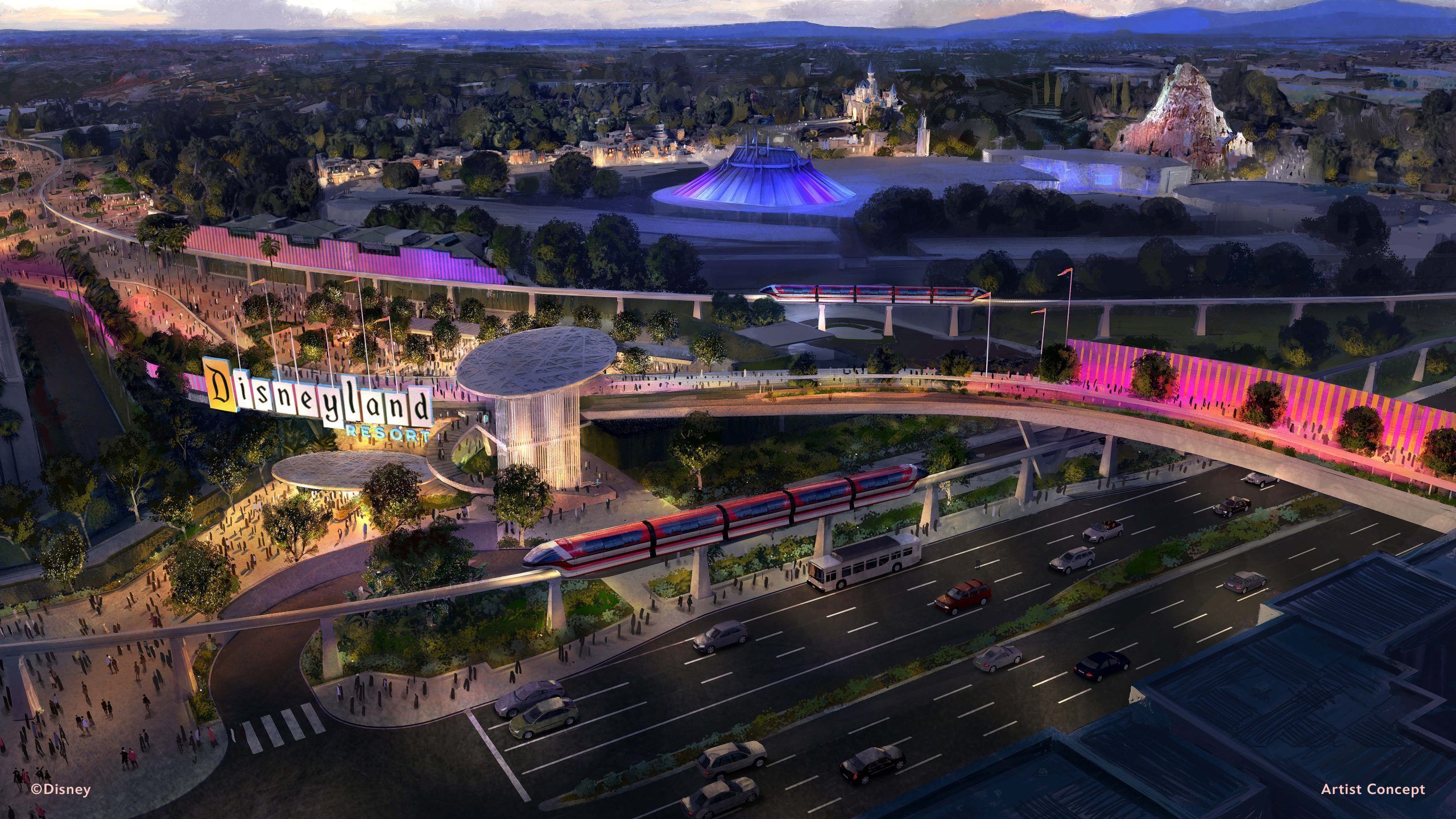 Projeto do hub de transporte e da passarela de pedestres no Disneyland Resort • Divulgação/Disney Parks Blog