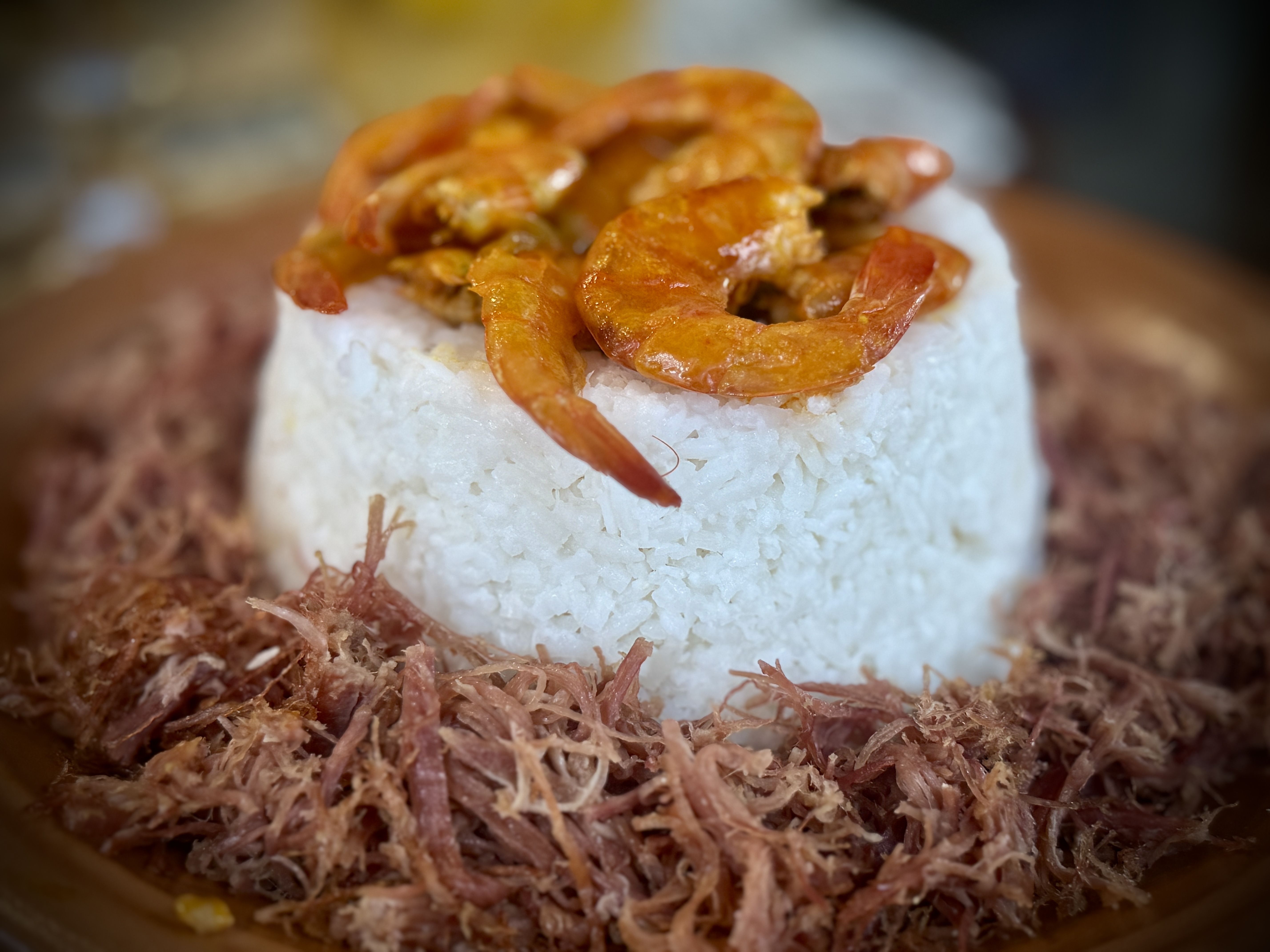 Arroz de hauçá: arroz de coco, charque desfiada e frit na manteiga de garrafa e camarão defumado ao dendê