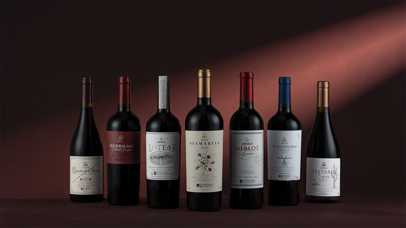 Lote 43, Sesmarias, Sebrumo, Merlot Terroir, Vinhas Velhas Tannat, Quinta do Seival Castas Portuguesas e Testardi Syrah compõem a coleção Sete Lendários 2023 • Divulgação/Miolo