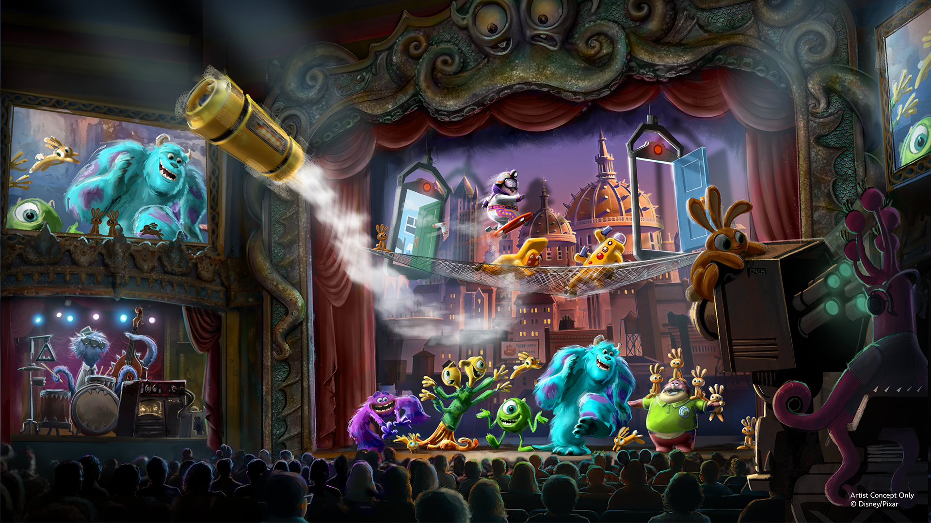 Rendering mostra o Glob Theater, onde Mike, Sulley e outros personagens apresentarão o espetáculo "Welcome to Monstropolis" • Divulgação/Disney
