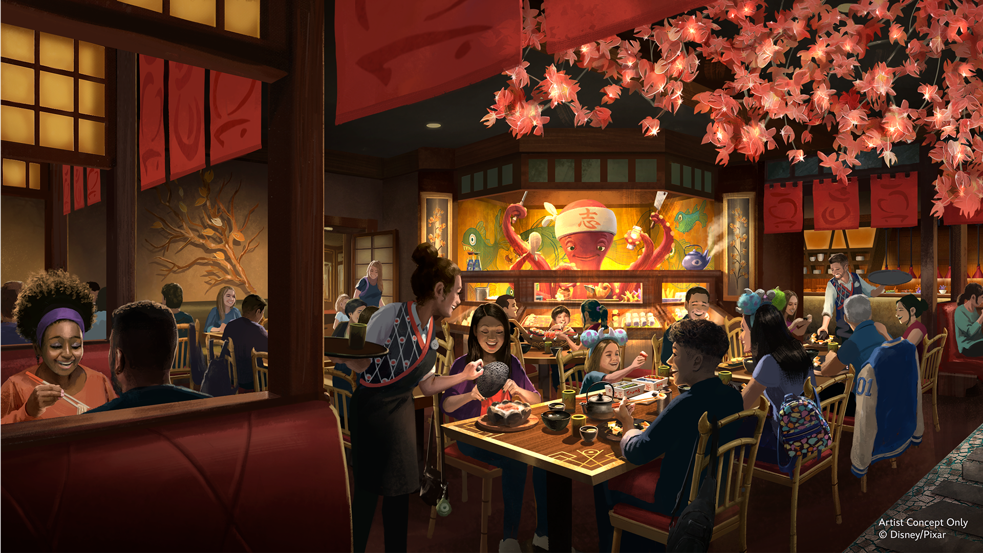 Rendering mostra o Harryhausen’s, restaurante inspirado em "Monstros S.A." que terá sushi no cardápio e um personagem Audio-Animatronic do famoso chef • Divulgação/Disney