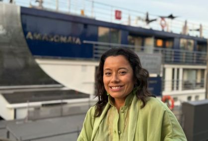 Daniela Filomeno a bordo do AmaSonata, da AmaWaterways, durante cruzeiro fluvial pelo rio Danúbio