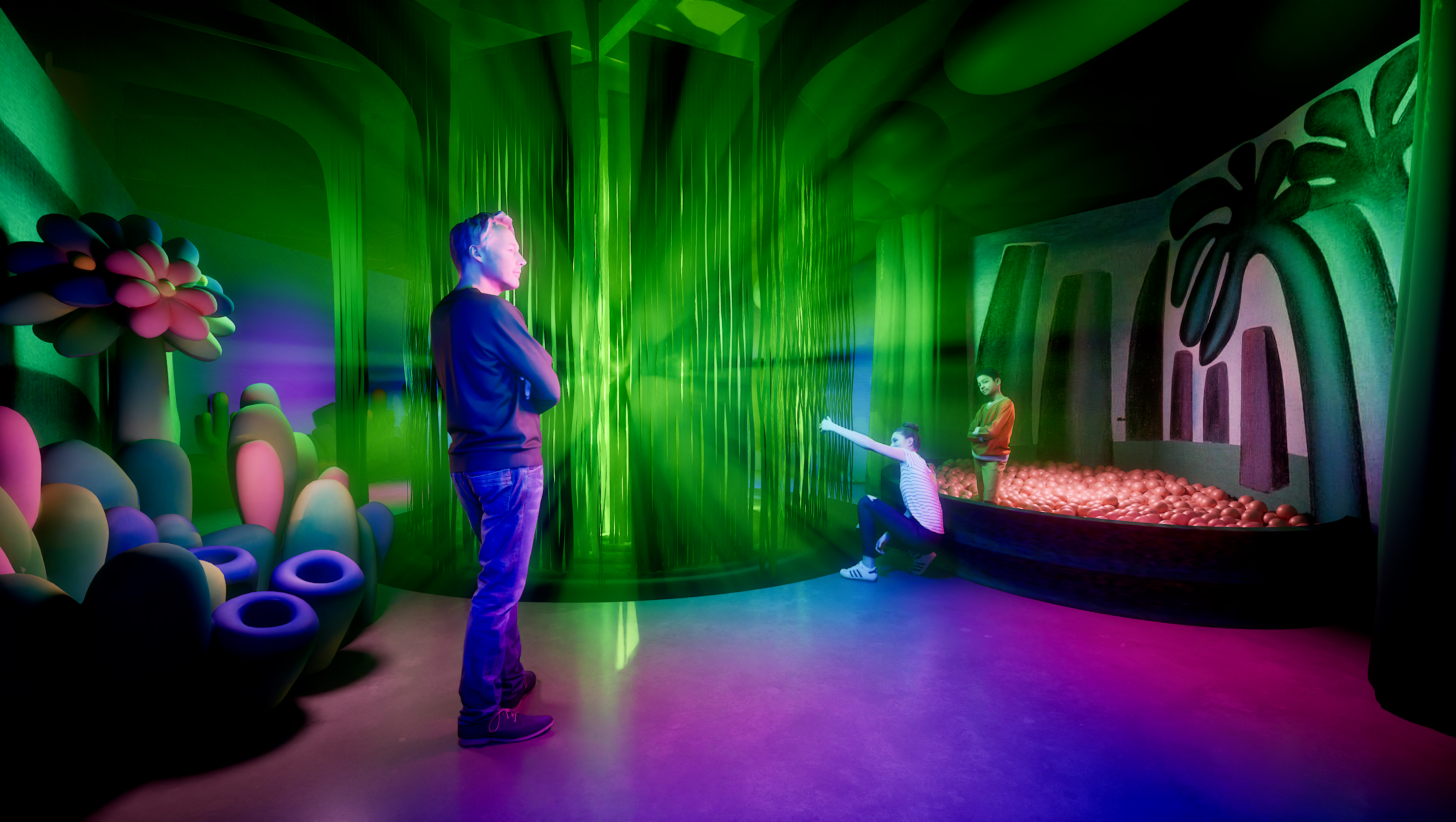 Renderização mostra uma das salas imersivas previstas para o Nubank Arte Lab” • Divulgação