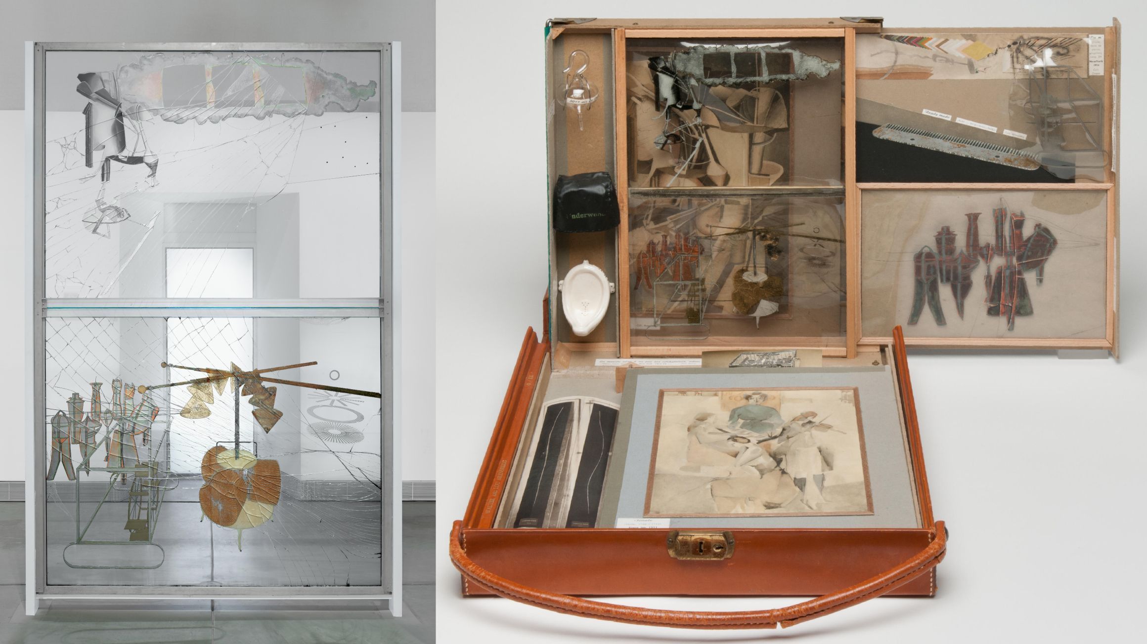 Obras de Marcel Duchamp: "The Large Glass" (1915–1923) e "Box in a Valise" (1935–1941) • © Artists Rights Society (ARS), New York / ADAGP, Paris / Association Marcel Duchamp