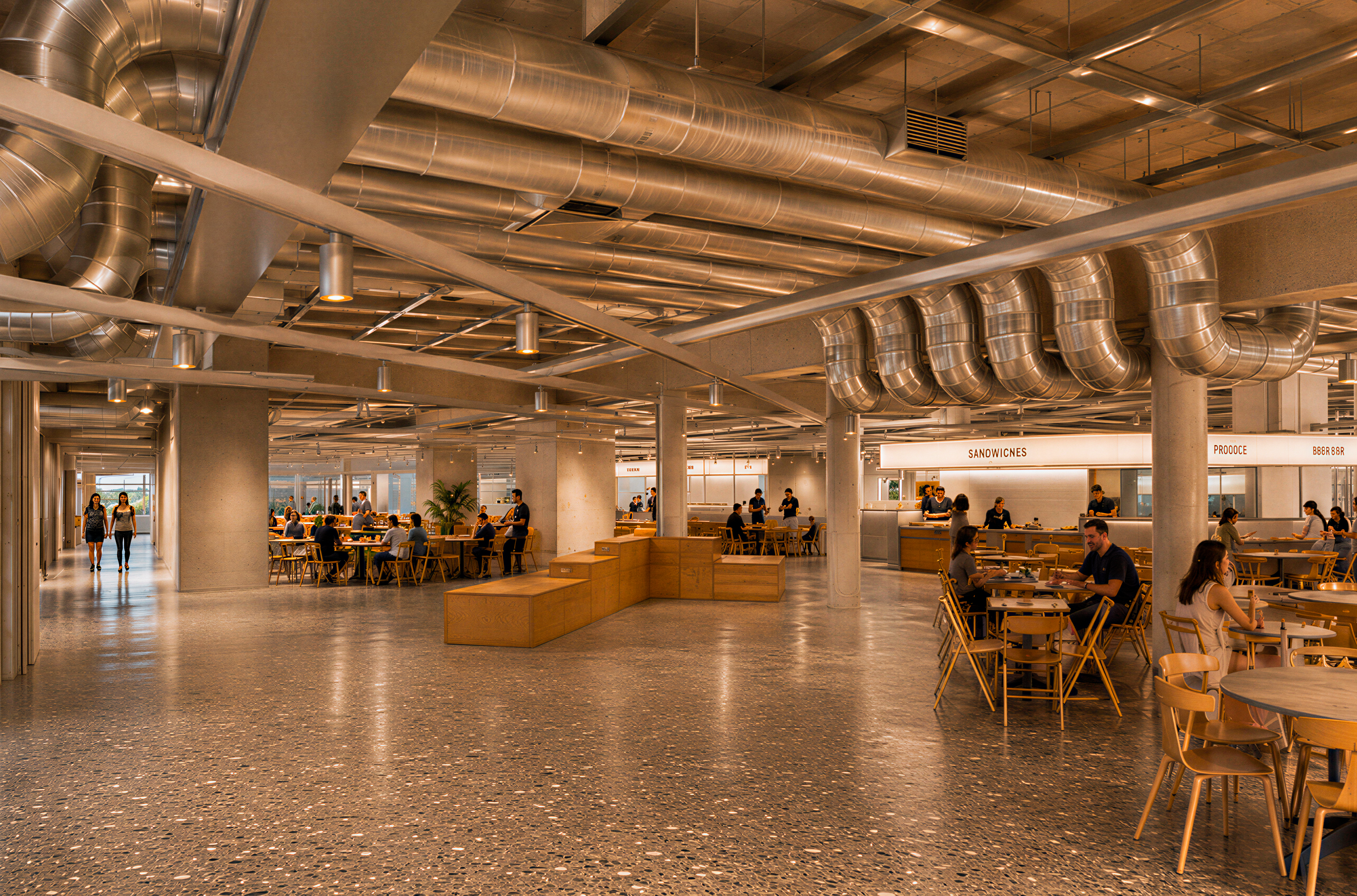 Renderização mostra a proposta para o Time Out Market São Paulo, com cozinhas, ambientes coletivos e dutos à mostra • Levisky Arquitetura