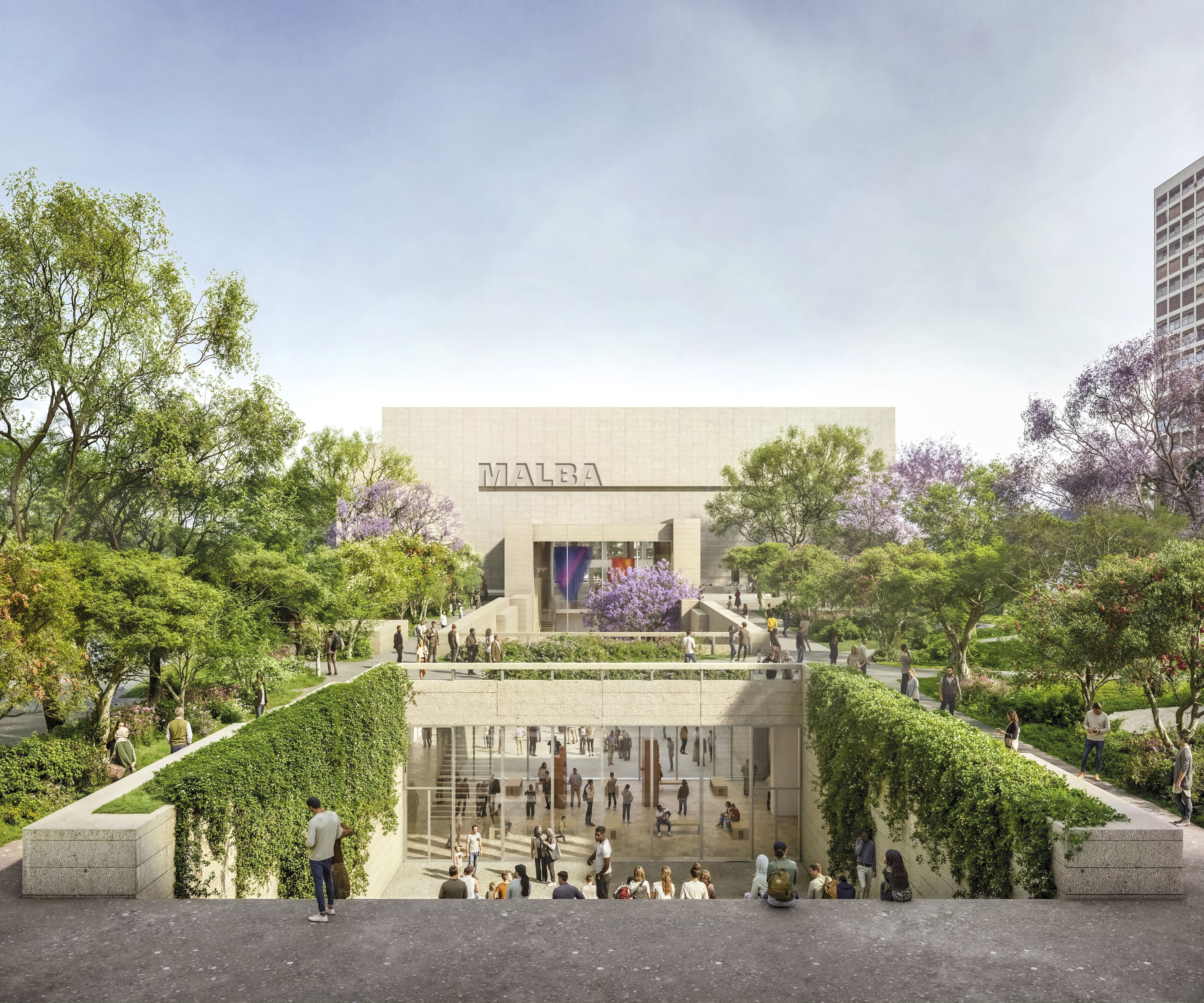 Perspetiva da nova entrada rebaixada pela Rua Salguero no projeto de expansão do museu, assinado por Frida Escobedo e integrado à paisagem com jardins escalonados