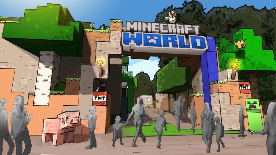 Esboço da entrada do Minecraft World, inédita área temática que será inaugurada em 2027 no Chessington World of Adventure Resort, nos arredores de Londres • Divulgação/Merlin Entertainments
